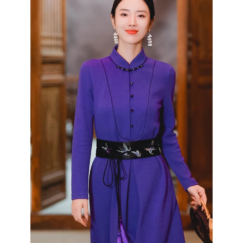 复古日记“紫苑”新中式一字盘扣日常斜纹中国风连衣裙231L5737