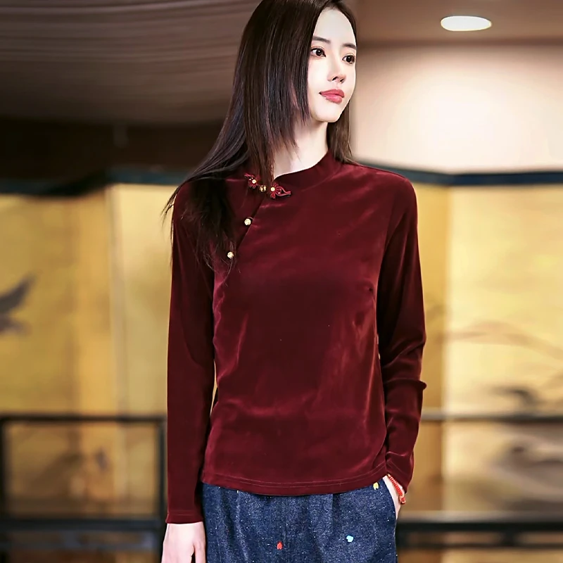 复古日记“微透美学”轻暖空气绒！中式半开襟百搭纯色小衫245T6521