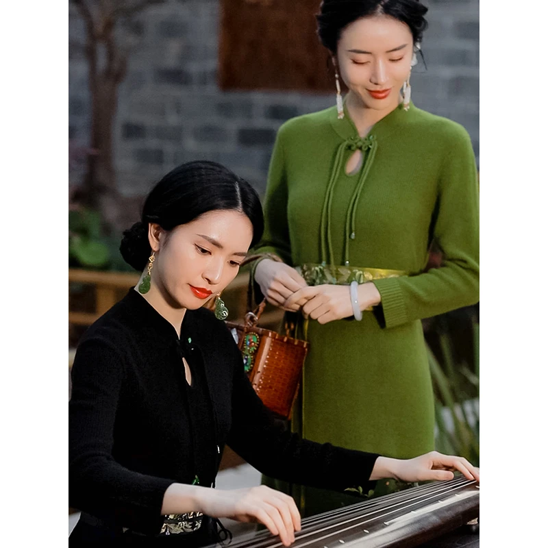 复古日记"知秋"100羊毛中式盘扣毛衣连衣裙a字中长裙秋冬羊毛裙女