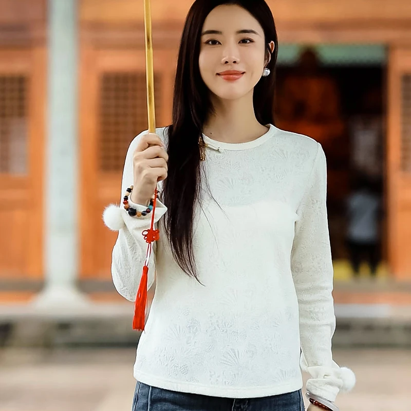 复古日记“素潋”国风一字盘扣羊毛针织百搭纯色打底上衣247T7398