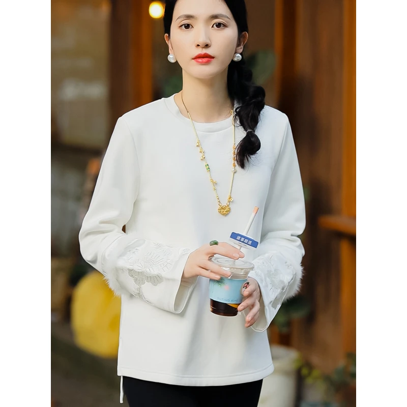 复古日记秋冬季新品圆领长袖宽松中式上衣女国风休闲卫衣23HT140