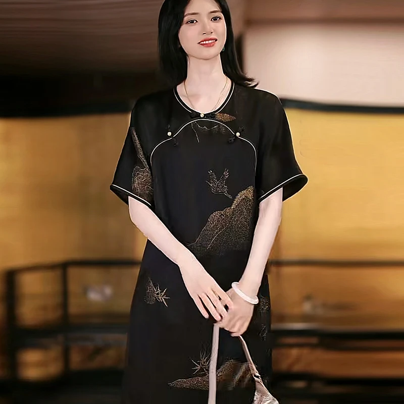 复古日记“小重山”100桑蚕丝夏季圆领新中式国风连衣裙242L5346