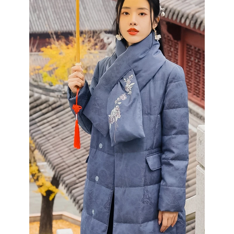 复古日记“拨雪寻春”100桑蚕丝新中式提花长款鹅绒服外套23HR071