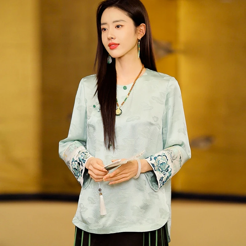 复古日记100桑蚕丝新中式夏季圆领绣花宽松国风女士上衣241C6203