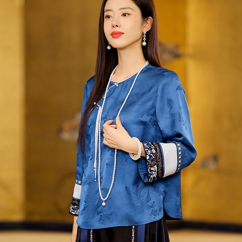 复古日记100桑蚕丝夏季新中式圆领长袖女士衬衫国风上衣241C6245