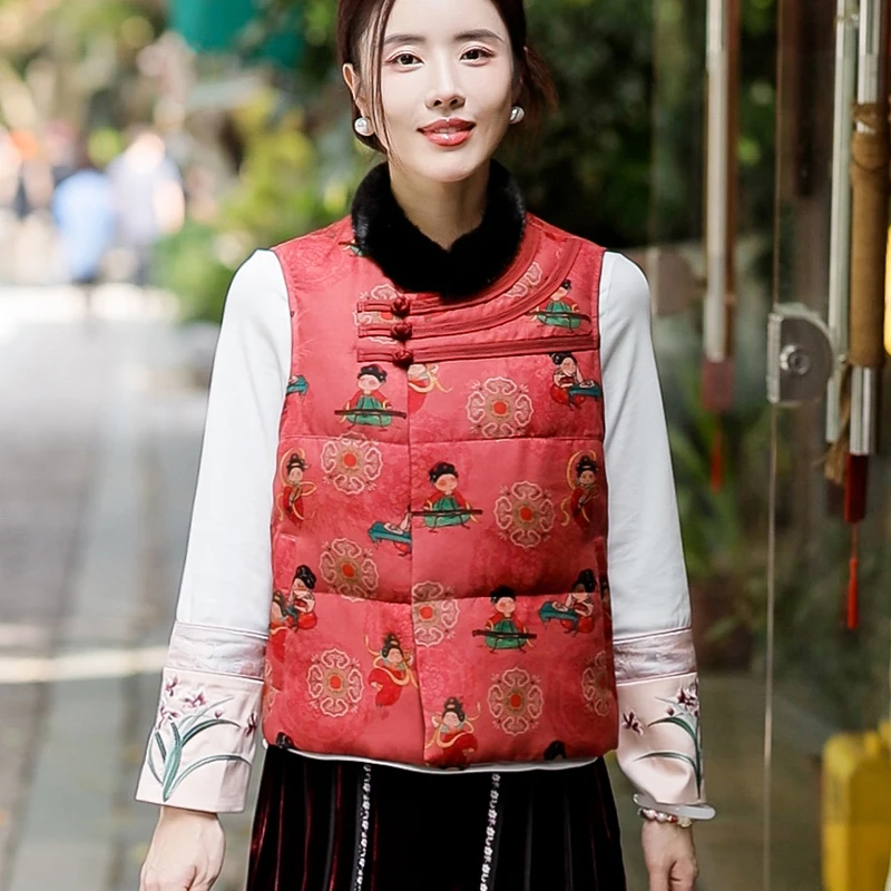 复古日记“小唐人”90白鹅绒香云纱提花中式羽绒马甲24HR172