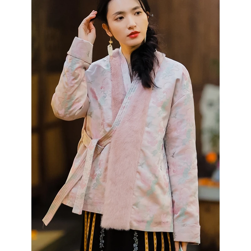 复古日记新中式冬季国风织锦水貂拼接鹅绒服女外套羽绒服23HR099