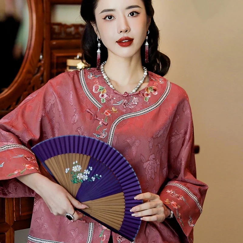 复古日记100桑蚕丝秋季新品圆领国风女装绣花上衣外套24GW353