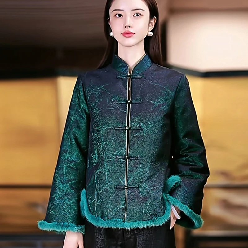 复古日记“绿竹”100桑蚕丝正绢提花中式对襟鹅绒外套24HR209