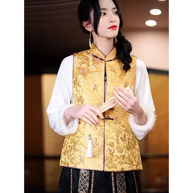 复古日记100桑蚕丝新中式国风立领两面穿女上衣马夹237E6233