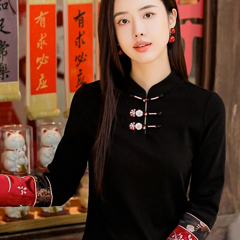 复古日记“兰花草”中式百搭！定位绣花手工盘扣女装棉T打底245T5363