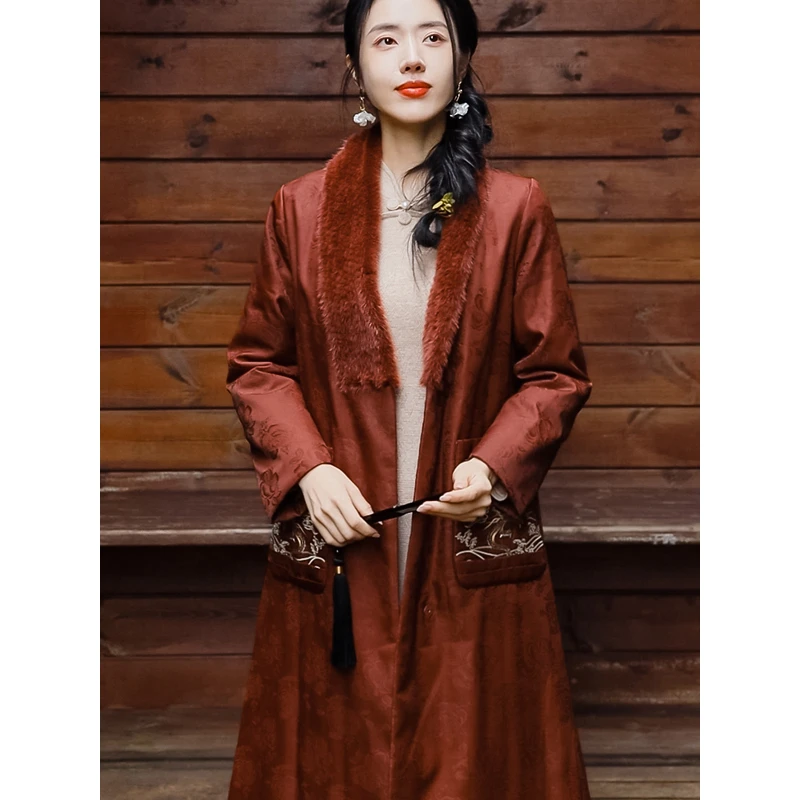 复古日记100桑蚕丝中式外套中长款国风气质冬季新款棉服23HFS022