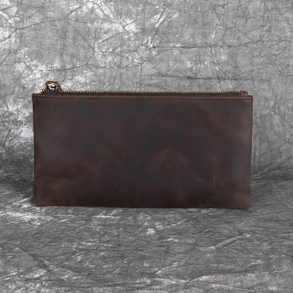 疯马复古男士长款真皮钱包头层牛皮简约小手拿包零钱包休闲简约