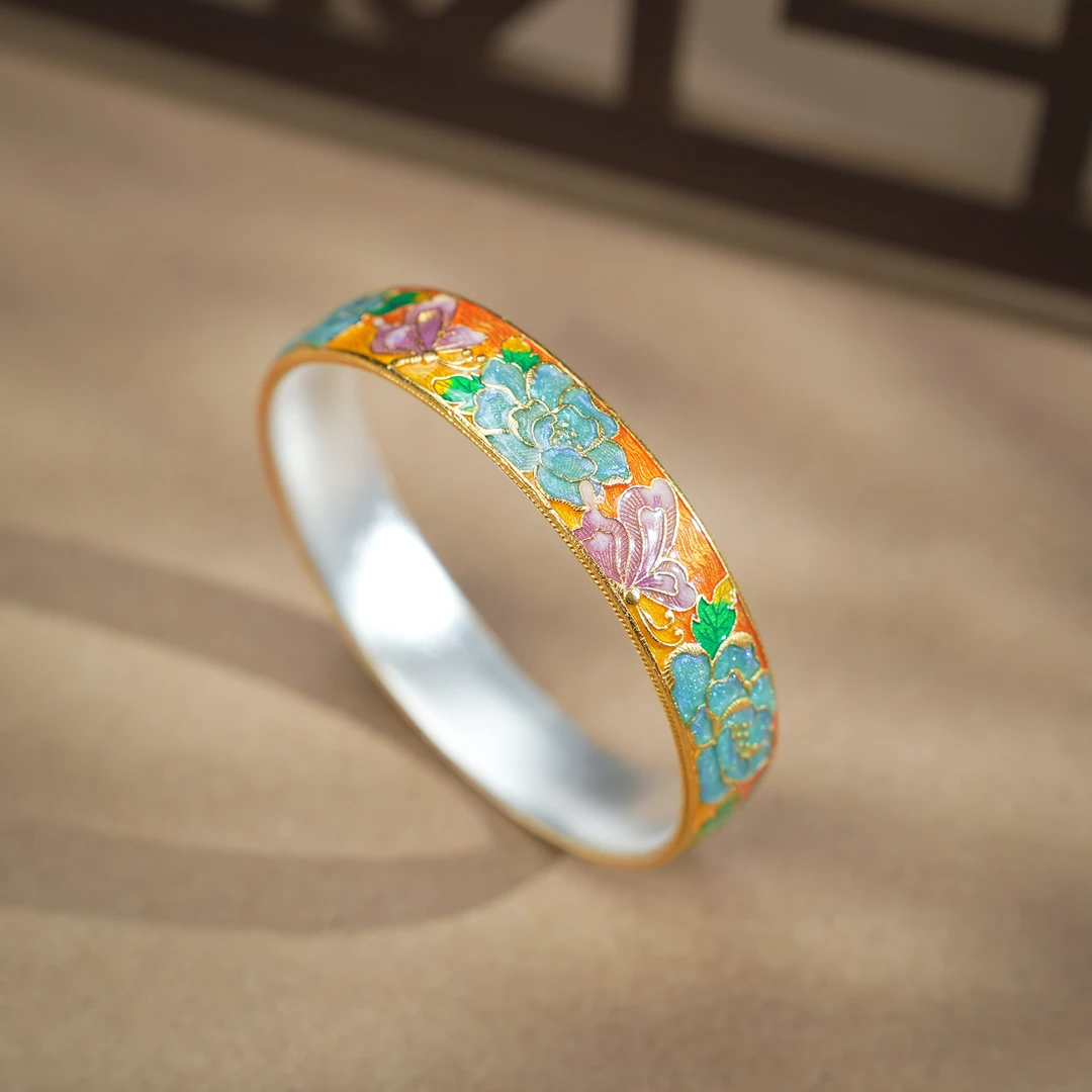 足银手镯 足银999.9高工珐琅牡丹百花争艳手镯【克重约73克左右】