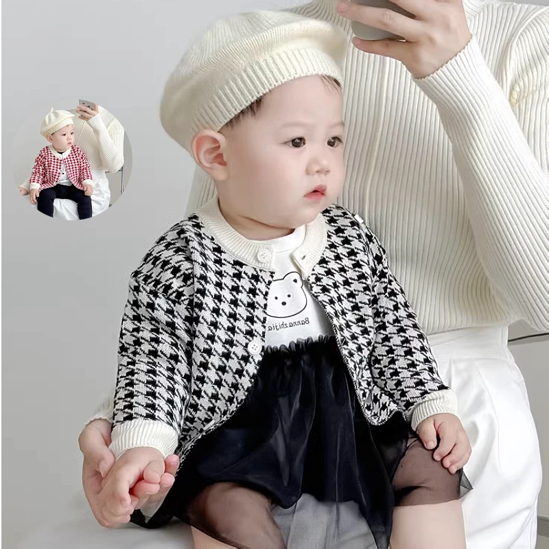 宝宝开衫毛衣2025春秋新款儿童婴儿衣服千鸟格针织开衫男女童外套