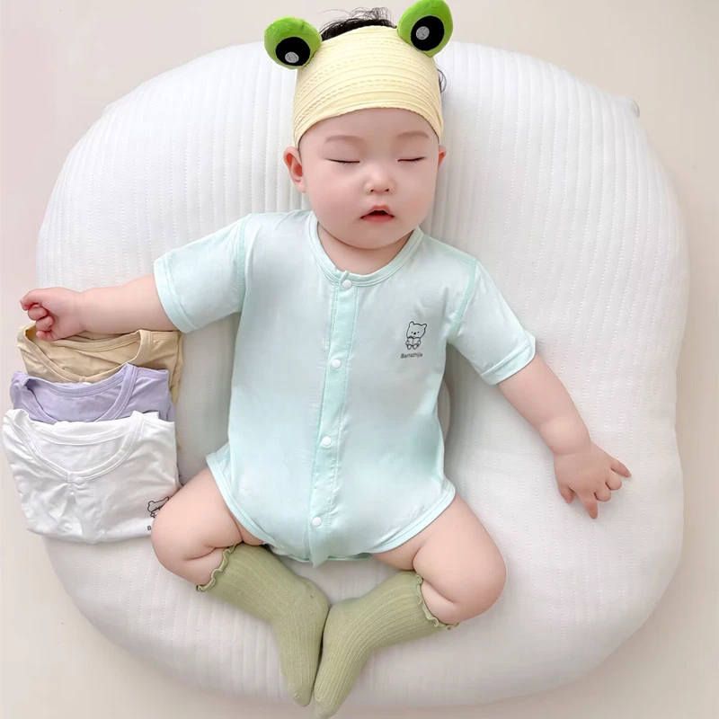 宝宝夏季薄款婴儿衣服无骨莫代尔短袖对开扣三角哈衣婴幼儿包庇衣