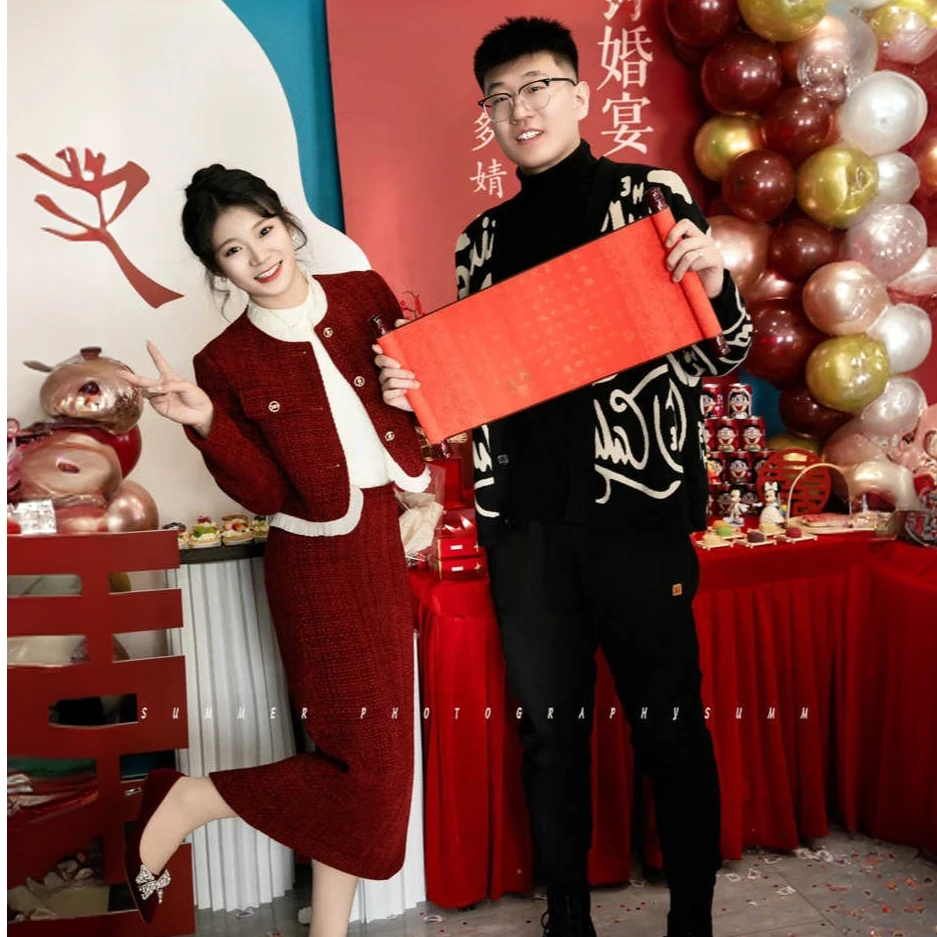 轻奢高级感气质敬酒服新娘订婚礼服裙高端新年战袍红色小香风套装