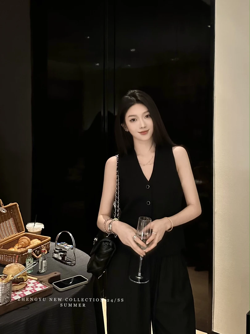 【ZHENG YU】春夏休闲老钱风黑色V领针织单排扣马甲女开衫背心