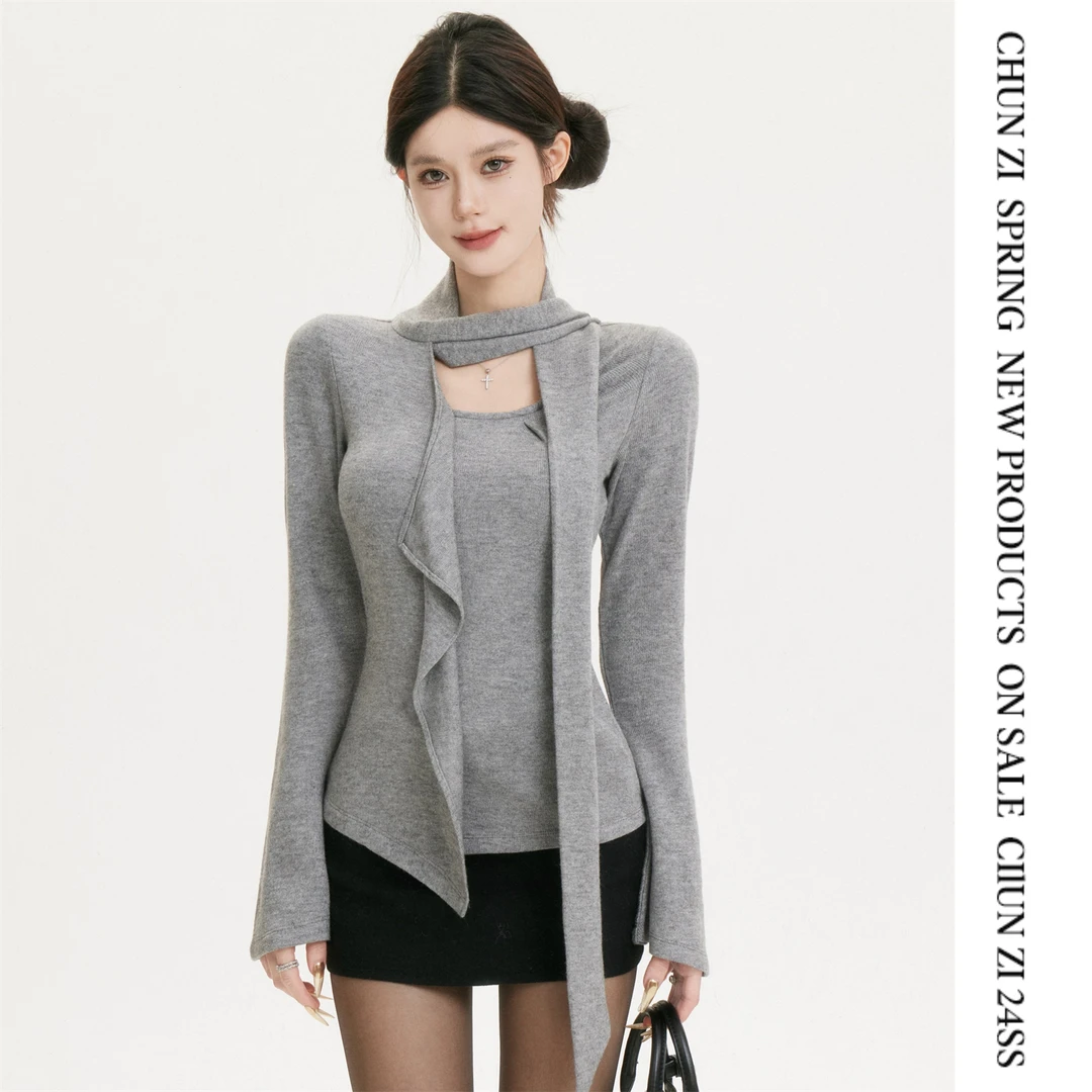 【CHUN ZI】设计感肌理不对称荷叶边飘带显瘦镂空长袖T恤