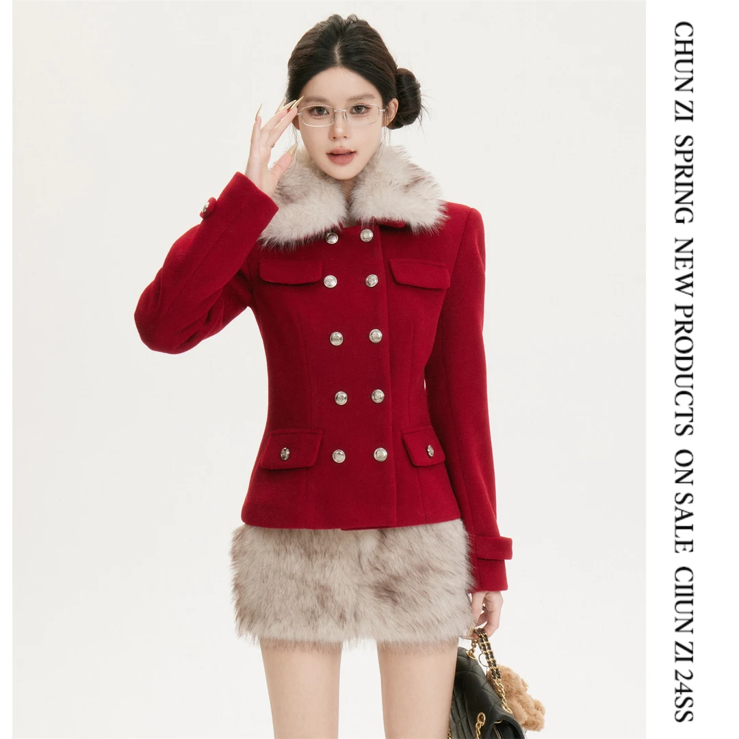 【CHUN ZI】圣诞新年毛绒翻领毛领双排扣收腰呢外套秋冬