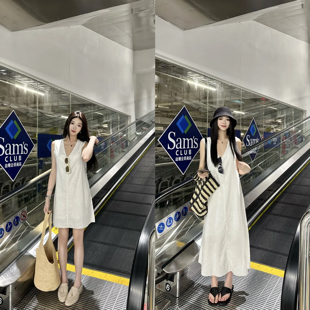 【ZHENG YU】白色亚麻连衣裙女夏日清爽简约显瘦V领长裙遛弯度假裙