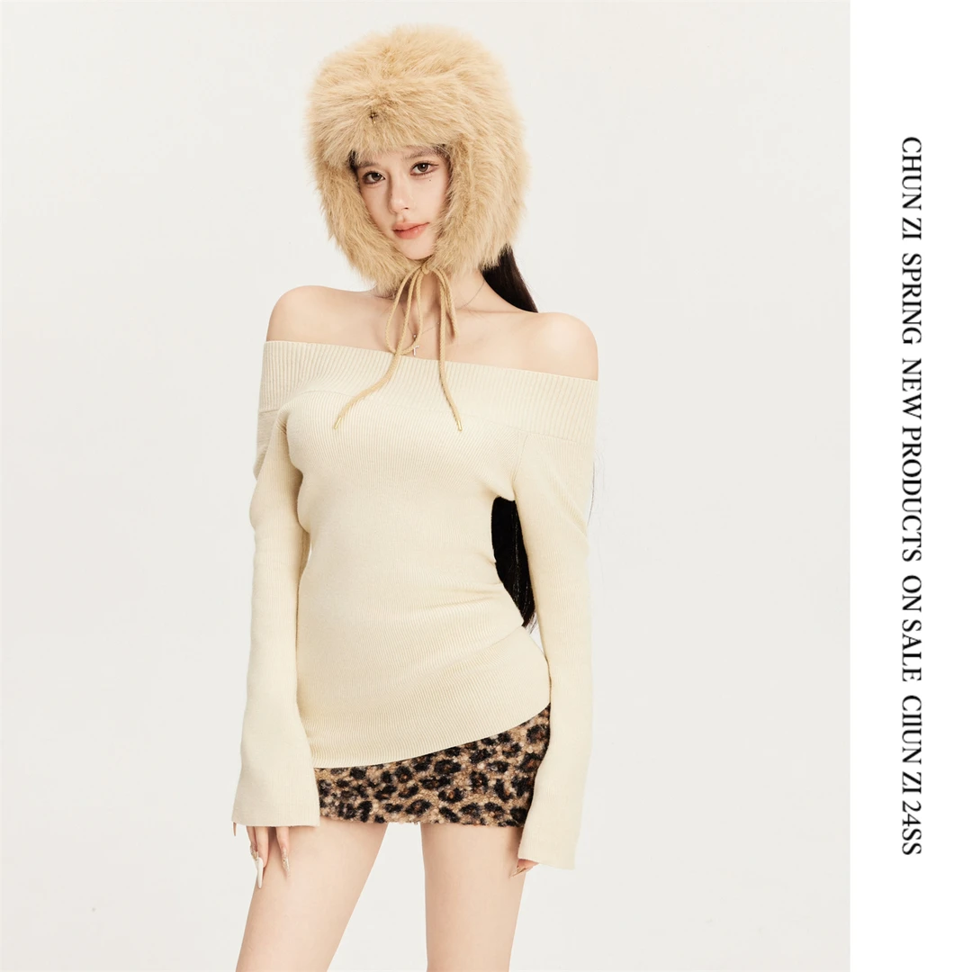 【CHUN ZI】【软软奶皮组】针织衫女秋冬一字肩显瘦设计感打底上衣