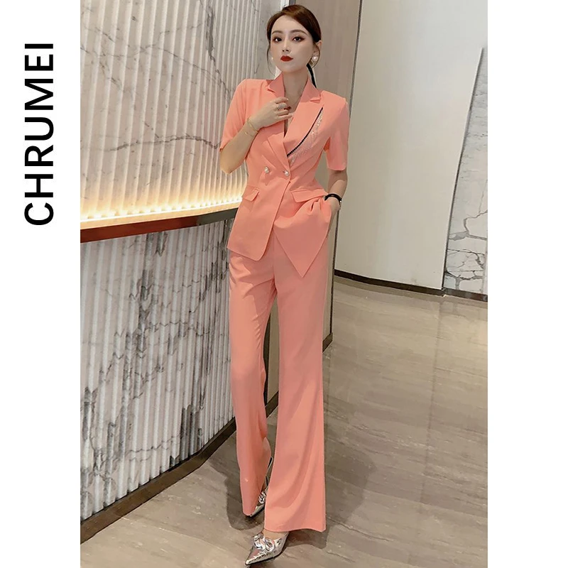 高级感夏季气质轻熟洋气减龄修身显瘦西装套装微喇叭裤长裤两件套