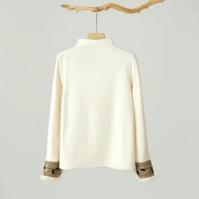 渐白【嫣蕾】冬款刺绣水貂毛加绒弹力半高领新中式国风打底衫T恤