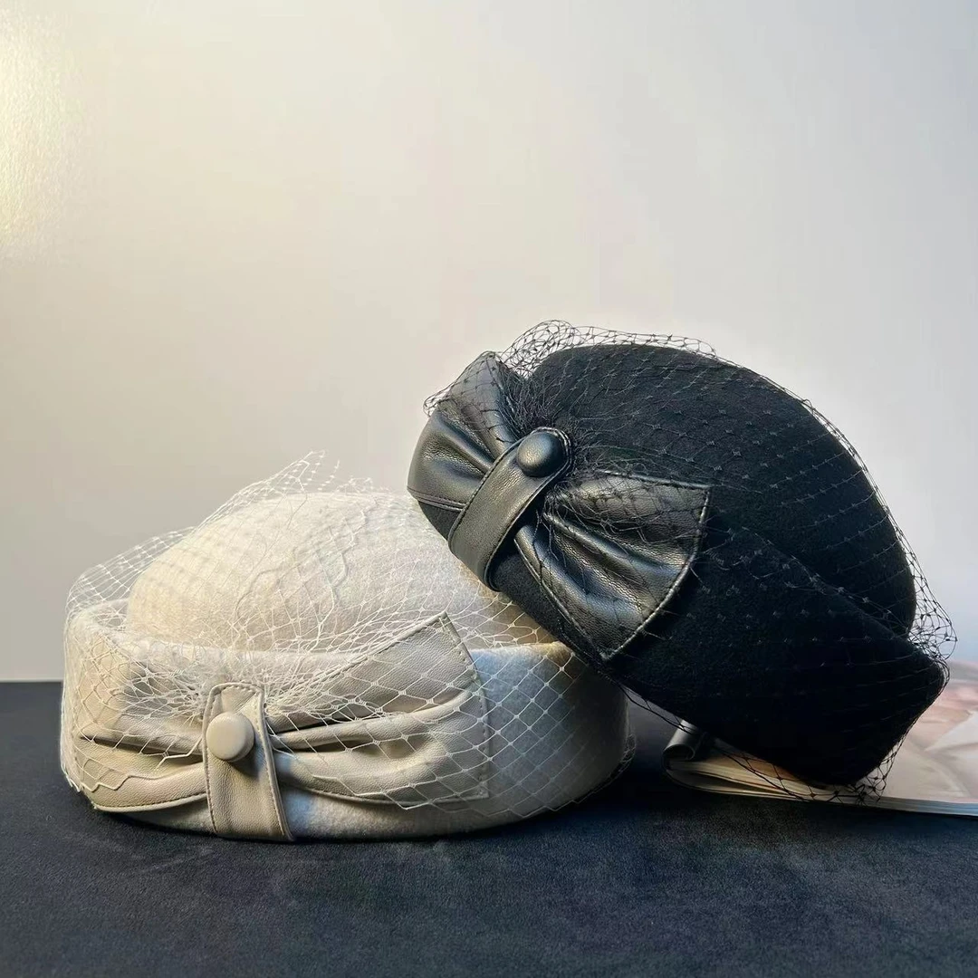 6616秋冬新款高定设计师款羊毛网纱优雅复古法式贝雷帽时尚百搭