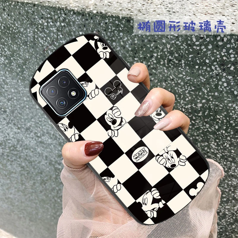 黑白格子纹OPPOA57 5G手机壳椭圆形简约A9全包A11卡通A55玻璃A56s