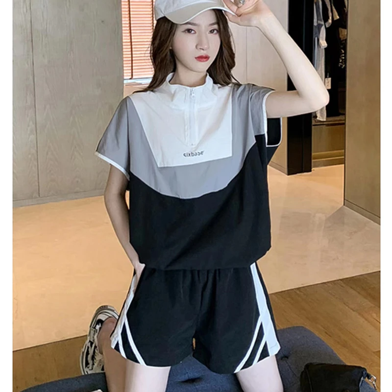 港风时尚休闲短裤两件套宽松健身速干跑步运动套装女夏季薄款显瘦