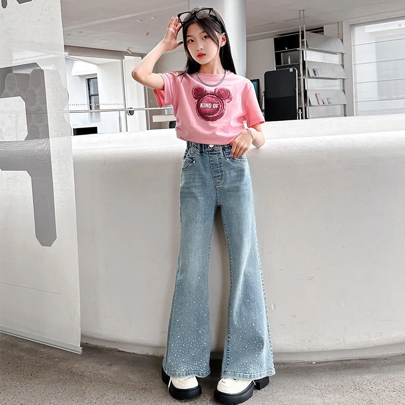 女童夏装T恤套装2024新款女大童装薄款牛仔喇叭裤时髦夏季两件套