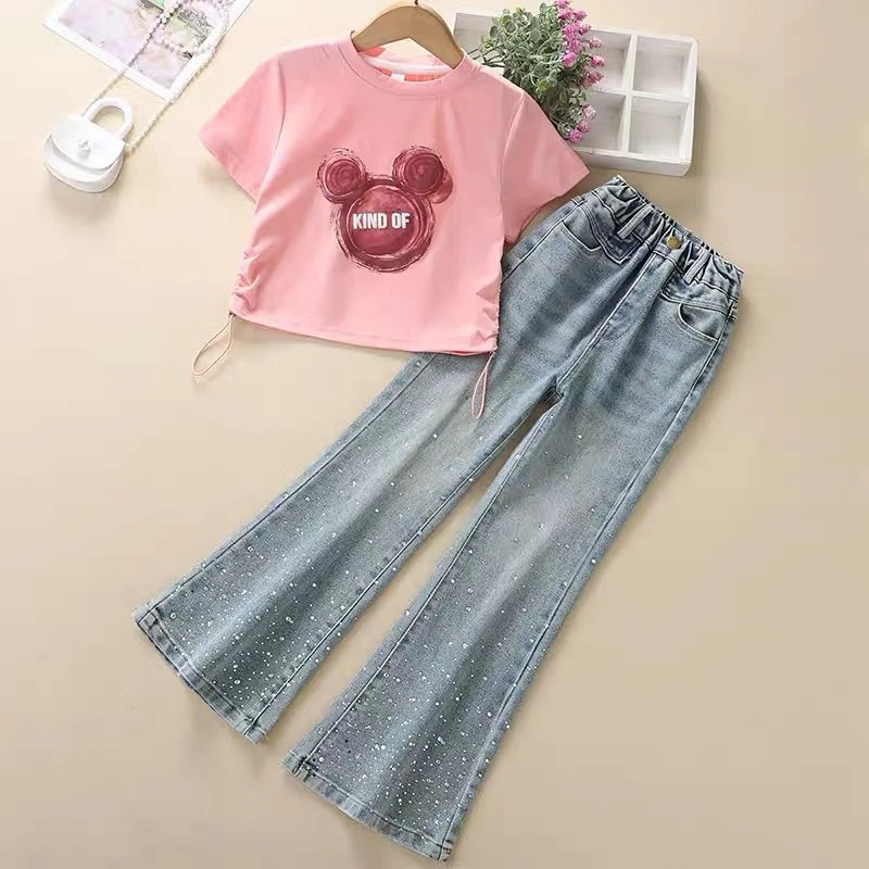 女童烫钻牛仔裤套装夏款女孩洋气短袖T恤喇叭裤子儿童夏季两件套