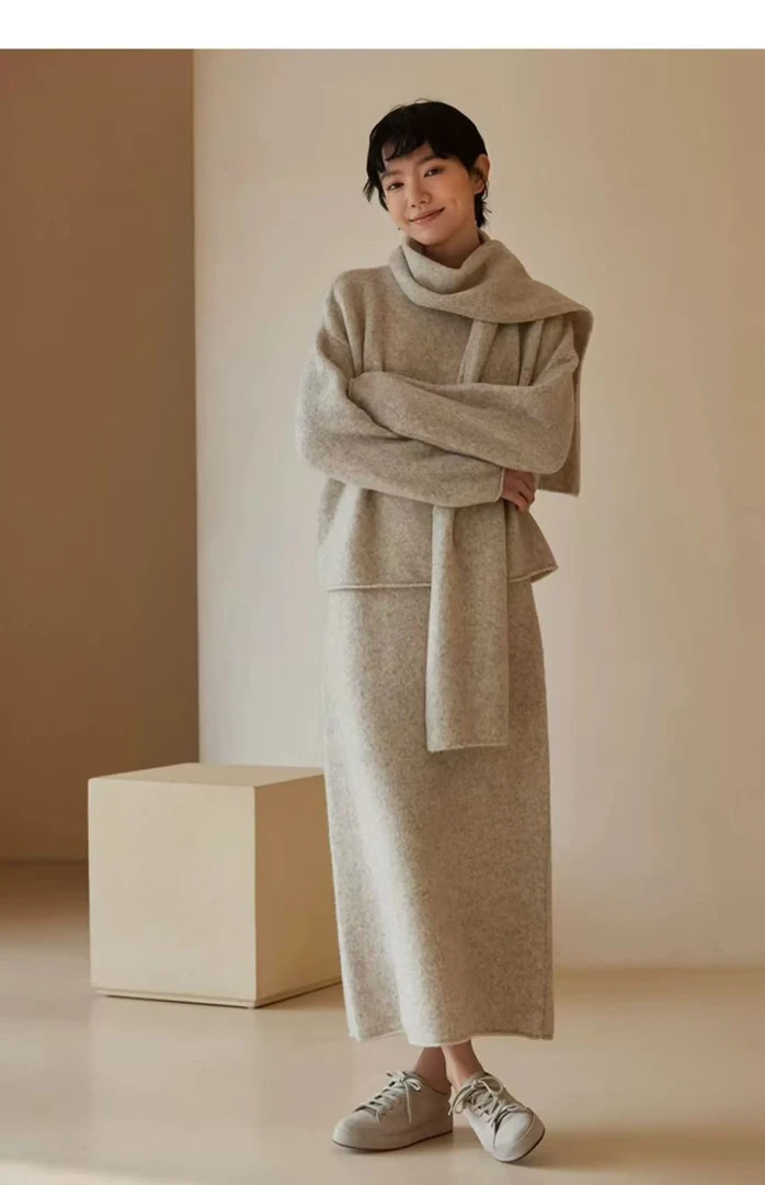 【围脖+上衣+半身裙三件套】秋冬新款纯色气质针织套装一整套高级感