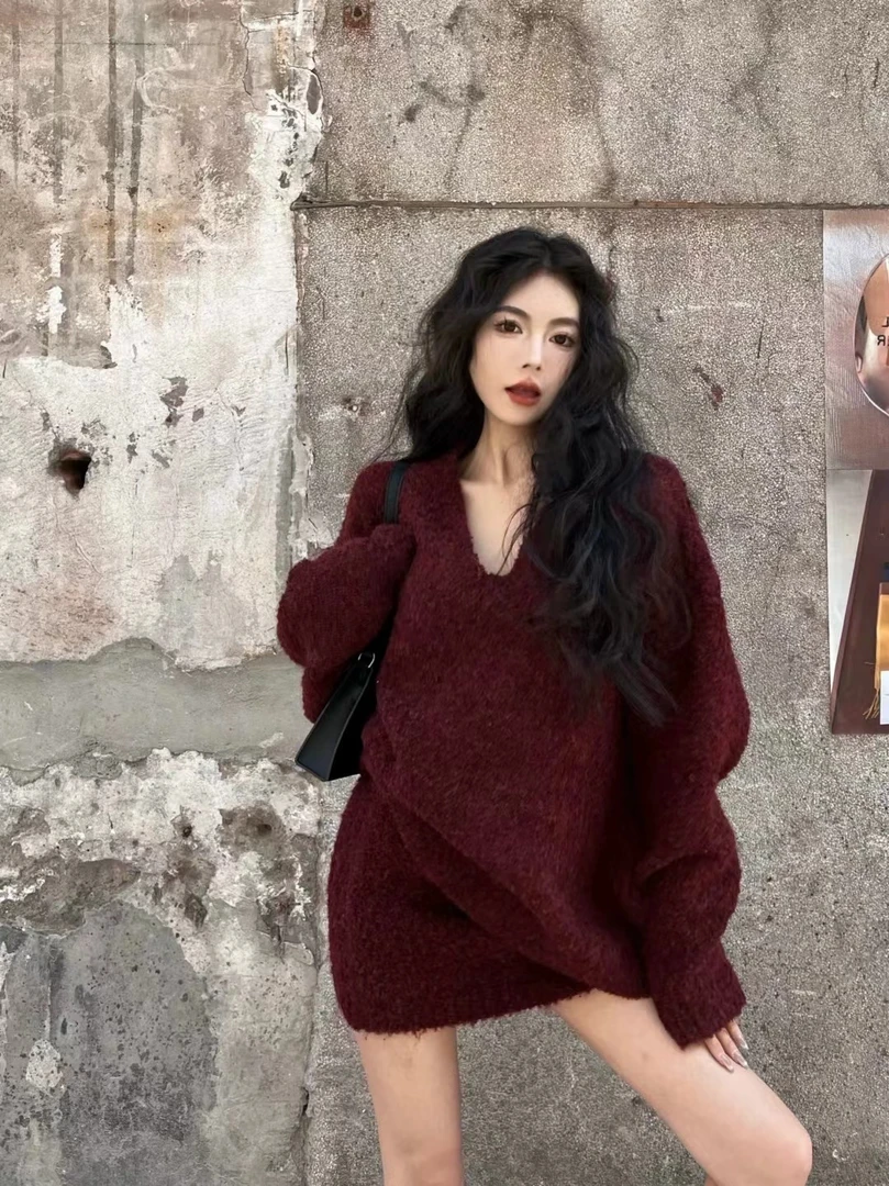 【羊毛圈圈纱】时尚慵懒风V领上衣+短裙套装针织套装韩系穿搭一整套