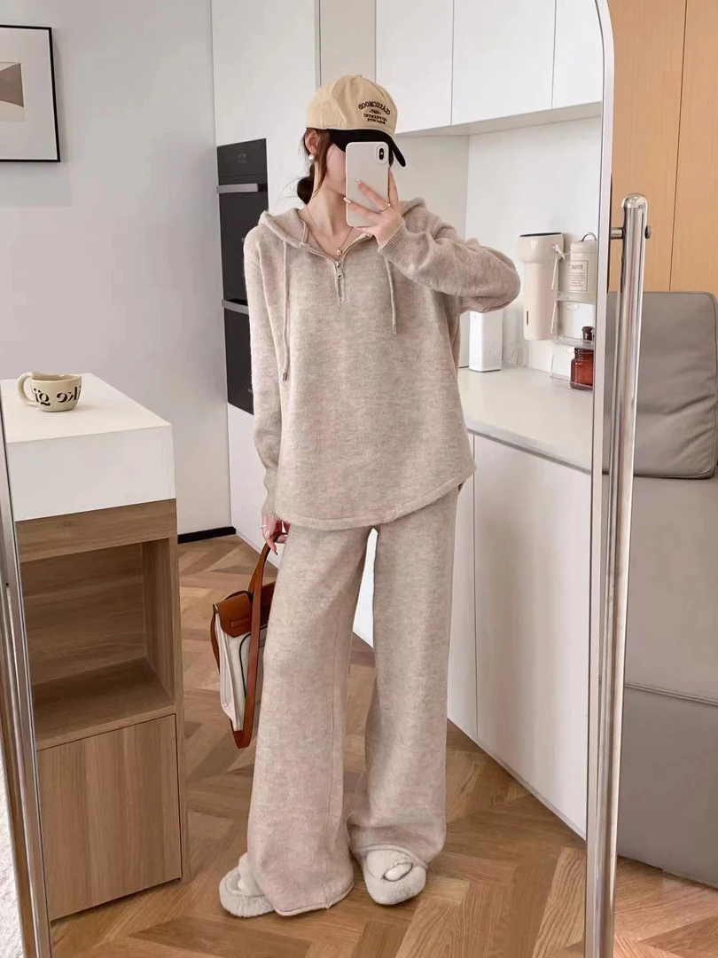 秋冬新款宽松慵懒风针织套装上衣+阔腿裤两件套纯色休闲加厚毛衣
