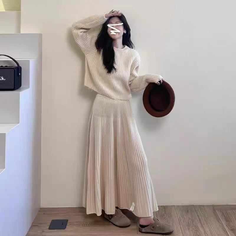 韩系气质绝美杏色针织衫百褶裙半身裙高克重两件套2024秋季小香风