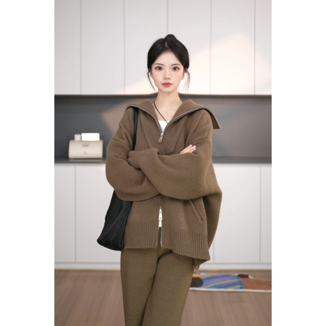 时尚设计感慵懒风针织阔腿裤套装两件套双向拉链气质时尚减龄纯色