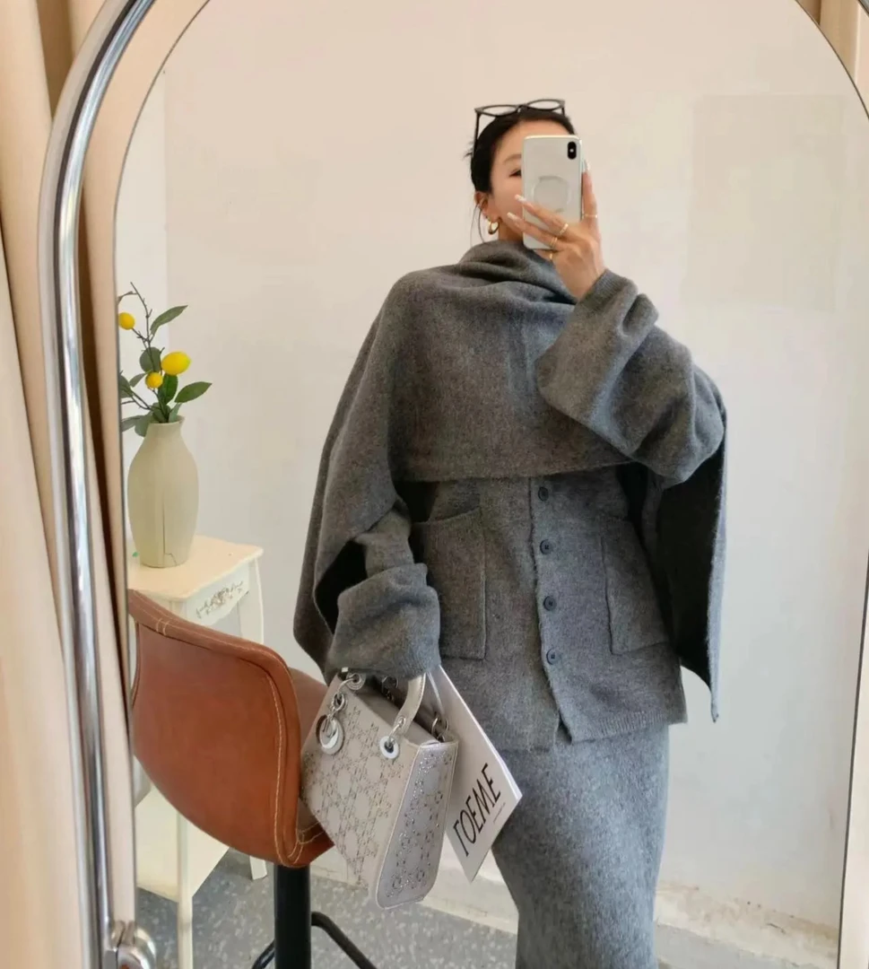 高级感时尚气质开衫毛衣+高腰半身裙+加大围巾披肩毛衣套装三件套