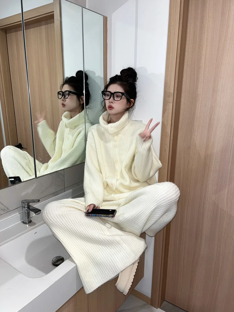 春秋季新款穿搭一整套针织休闲套装宽松高级感上衣阔腿直筒裤套装