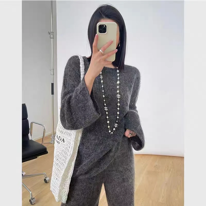 【纸片人套装】灰色时尚针织两件套秋冬新款宽松慵懒毛衣垂感阔腿裤