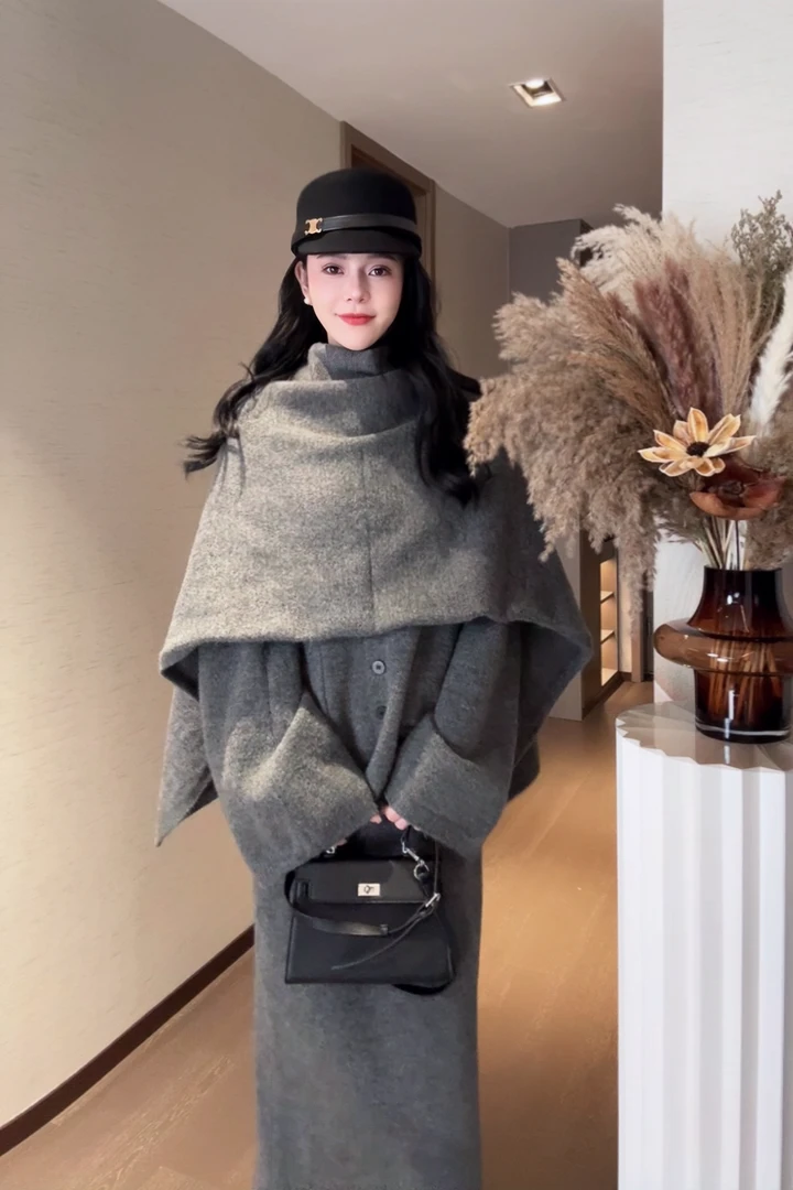 高级感时尚气质开衫毛衣+高腰半身裙+加大围巾披肩毛衣套装三件套
