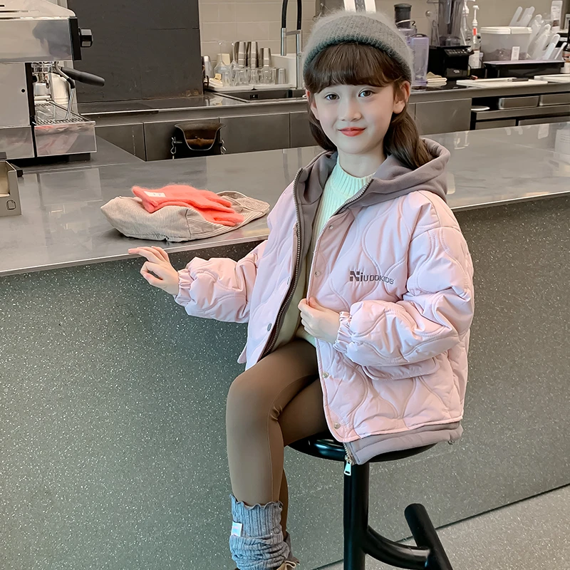 女童加绒加厚冬季棉服2024新款洋气休闲连帽儿童假两件夹棉上衣