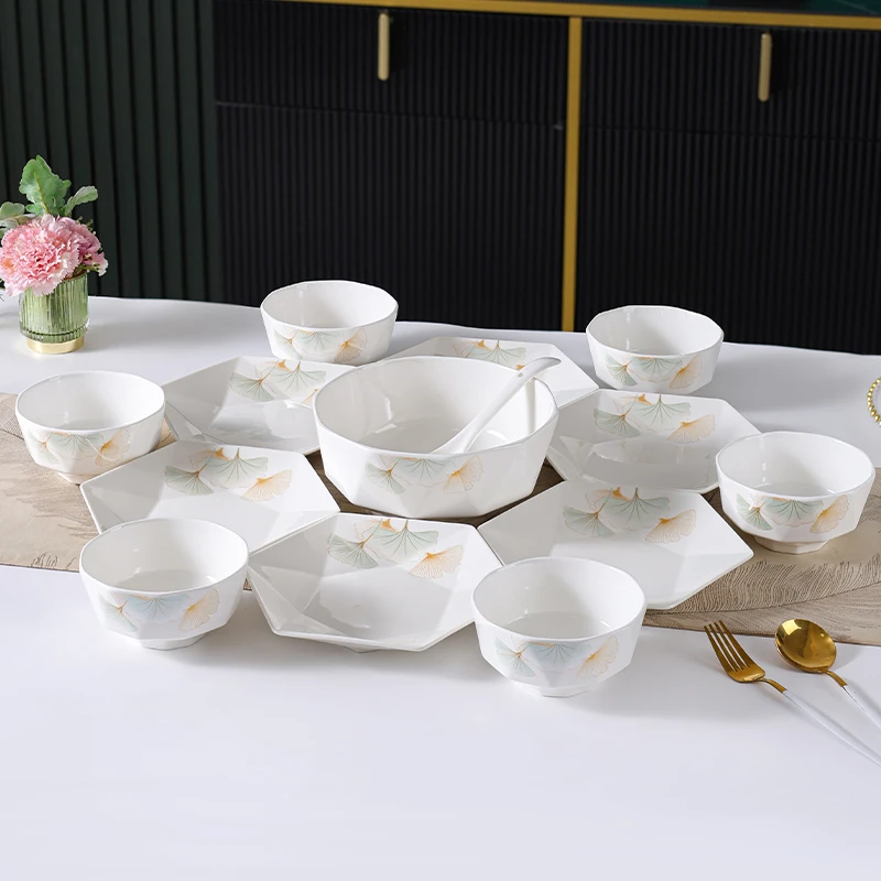 14件套银杏叶钻石系列新款陶瓷餐具家庭家用碗碟盘轻奢组合乔迁