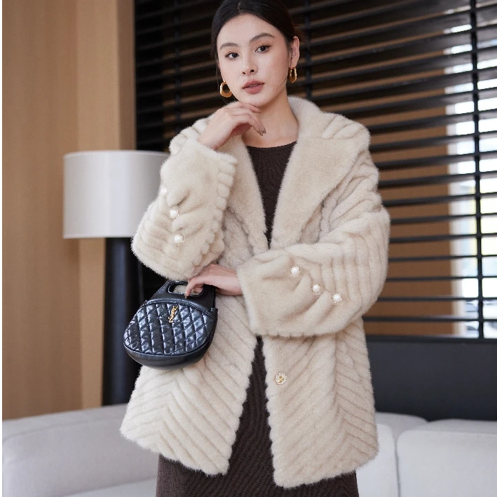 新款时尚气质女士中长款提花外套冬季宽松百搭米兰貂绒外套D365
