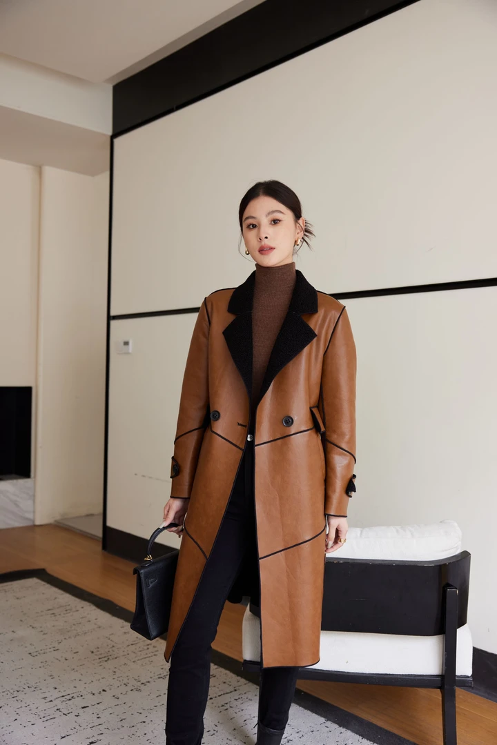 春款绵羊款新潮流皮面穿秋冬气质中长风衣款外套5820