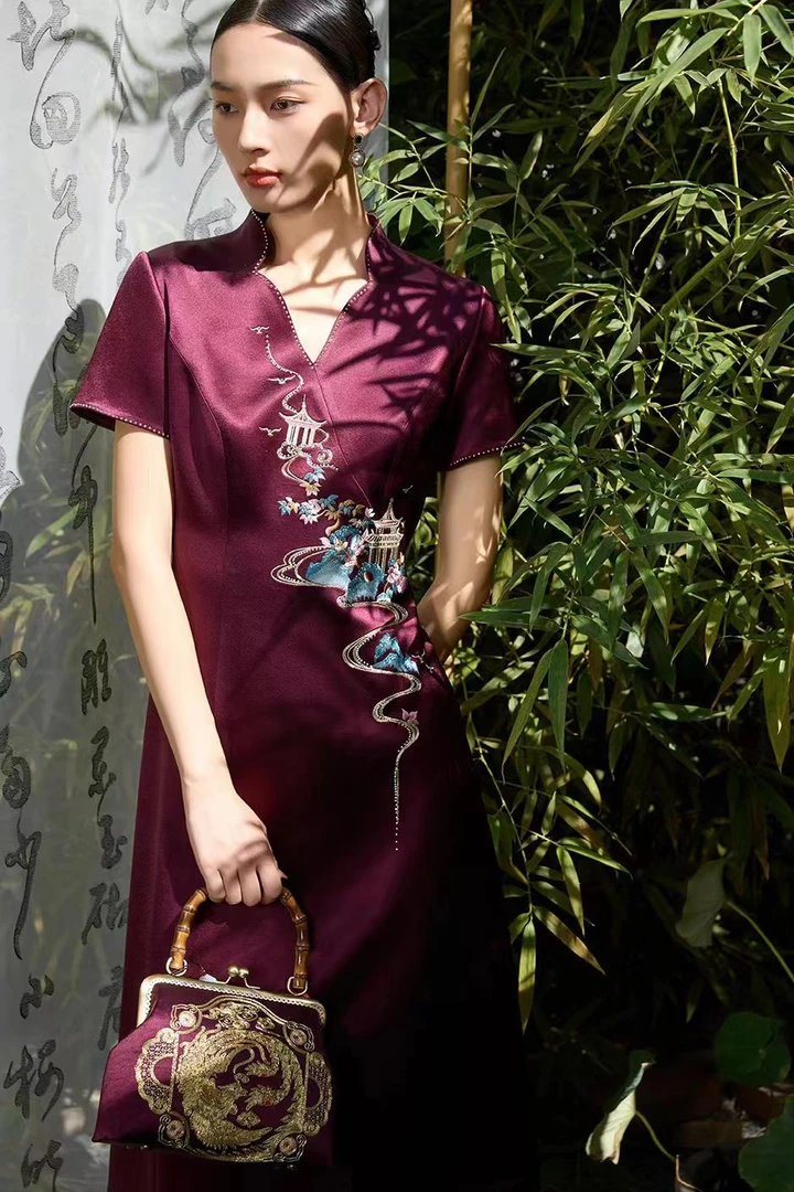 170105中国风旗袍气质优雅修身中长款喜妈妈上台装喜婆婆敬酒服