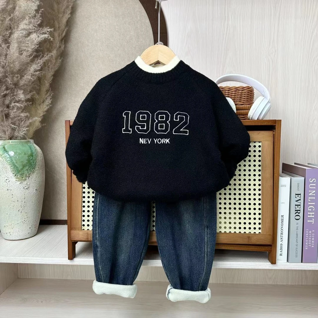 【1982】儿童加厚一体绒男女童百搭半高领假两件韩版针织冬款毛衣宝