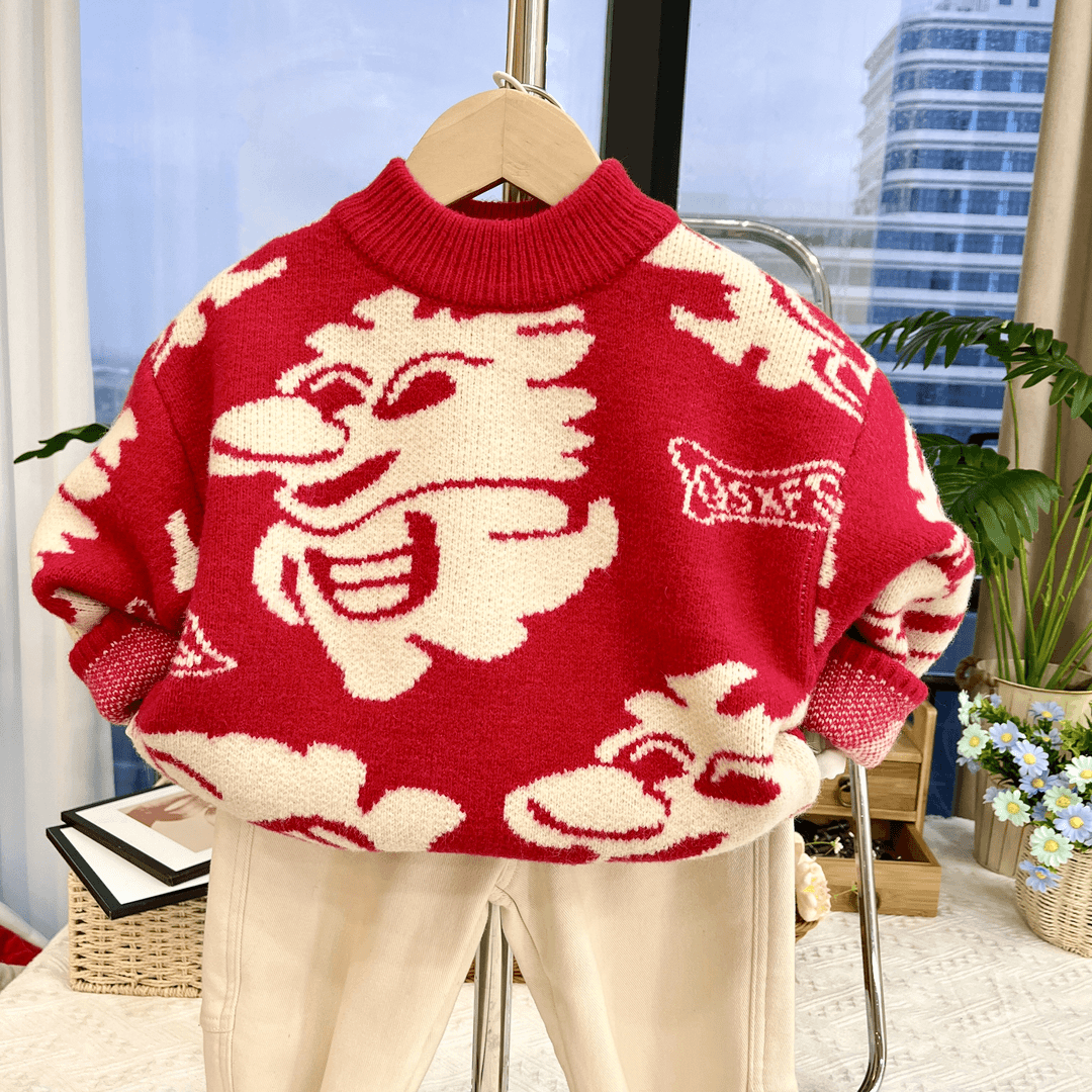 新年龙款冬季儿童加厚保暖男女童圆领套头毛衣针织衫宝宝中大童冬