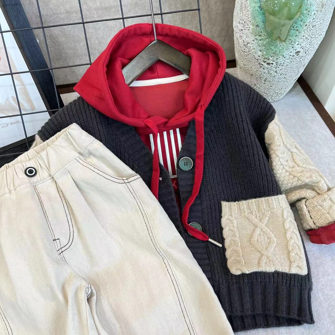 【韩系森】男女童秋季针织开衫休闲百搭中性风V领宽松针织纽扣开衫